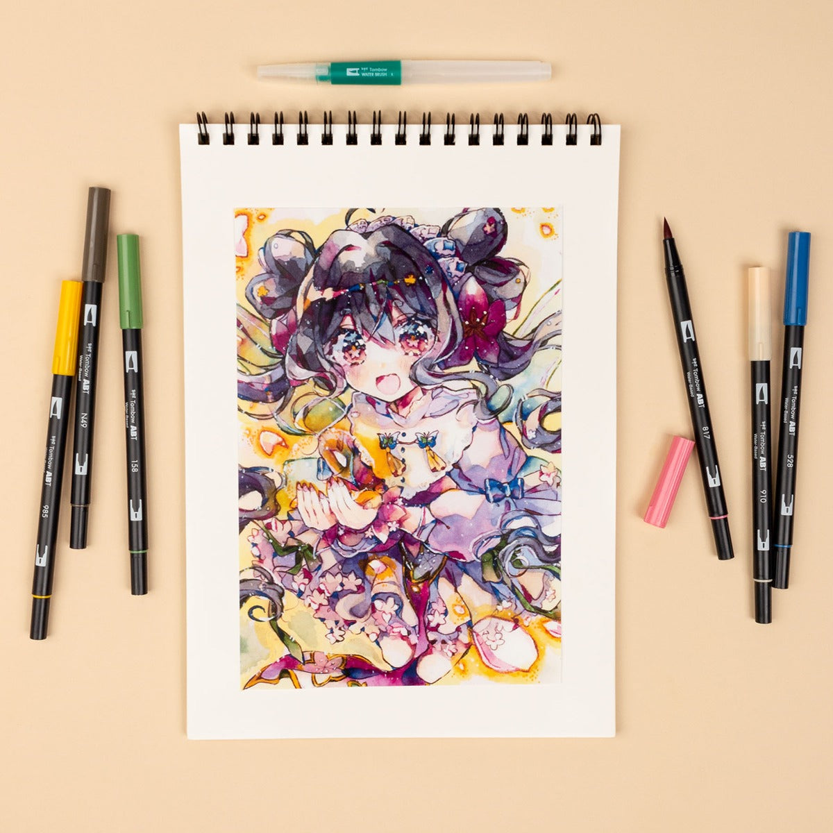 Tombow ABT Dual Brush Pens Set - w/ Water Brush, Coloring Sheets, & Tutorial